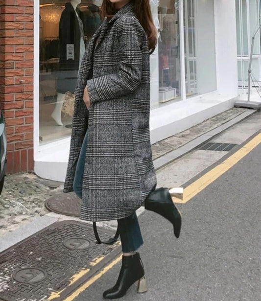 xakxx  Spring Autumn Women's Plaid Coat New Fashion Long Slim Type Female Winter Woolen Jackets Outwear