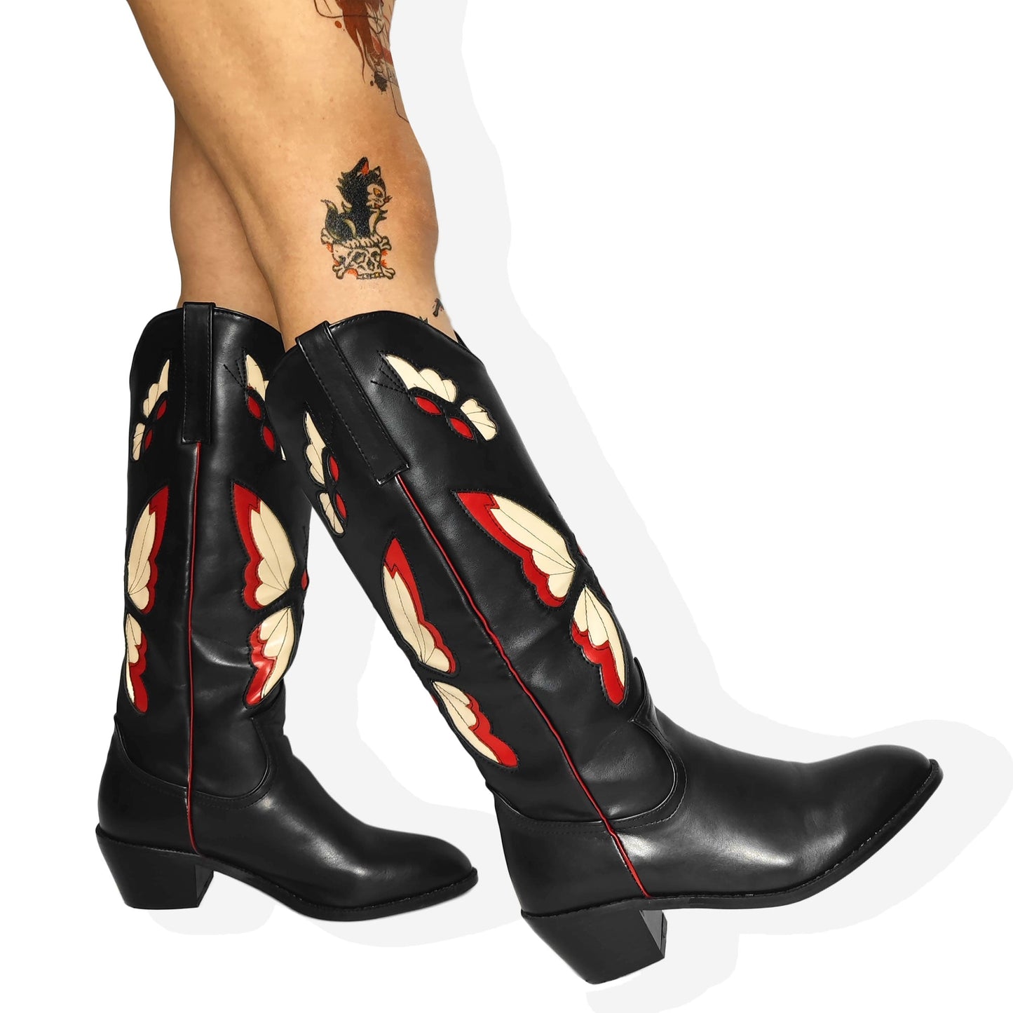 xakxx Halloween Cowboy Knee High Boots For Women Western Love Heart Slip On Stacked Heels Long Boots Pointed Toe Walking Casual Autumn Shoes