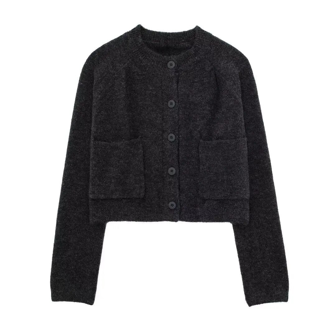 xakxx - Autumn new fashion casual versatile temperament small gray round neck cardigan sweater top short jacket