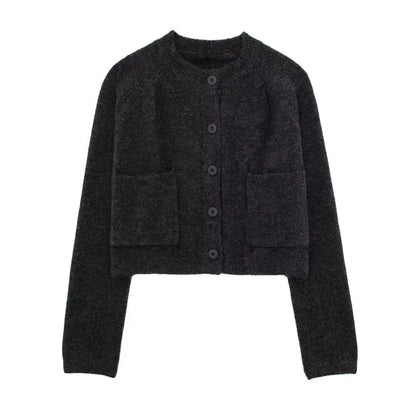 xakxx - Autumn new fashion casual versatile temperament small gray round neck cardigan sweater top short jacket