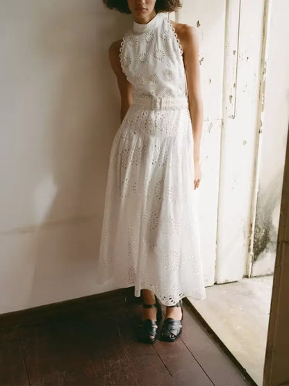 xakxx- New Women's Temperament Casual Fashion Ruili Hollow Out Embroidery Midi Dress
