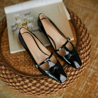 xakxx Black Friday Spring/Autumn Women Shoes Patent Leather Solid Color T-Shaped Buckle  Pumps Square Toe Chunky Heel Versatile Mary Jane For Women
