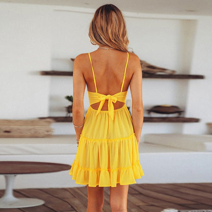 xakxx Back to School Women Summer Dress Solid Color Crochet Spaghetti Strap V-Neck Backless Tied Braces Short Dress For Girls White