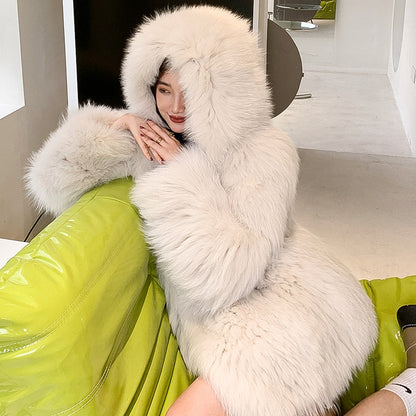 xakxx High Quality Luxury Faux Fur Coats Women Loose Hooded Fox Fur Jacket Fashion Warm Thick Coat Girl Winter Fluffy Furry Fur Jacket
