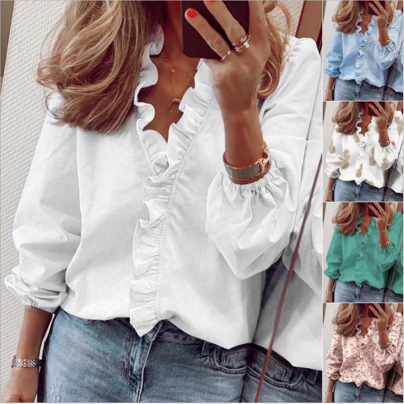 xakxx xakxx Women Blouses Shirt Elegant Long Sleeve Ruffles V Neck Blouse Tops Casual Pullover Loose Solid Ladies Tunic Blouses Shirt