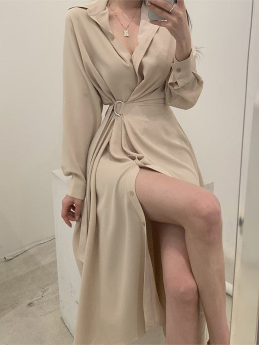 xakxx Women Single Breasted Midi Lace Up Slim Solid Shirt Dress Long Sleeve Elegant Vestidos Femme