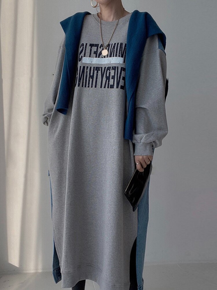 xakxx  New Design Letter Print Contrast Color Casual O-Neck Lantern Sleeve Splice Denim Sweater Dress Female  Autumn  16Y3673