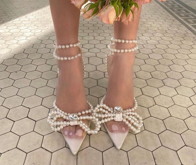 xakxx Women High Heel Sandals Rhinestone Woman Pumps Pearl Crystal Bowknot Ankle Strap Ladies Prom Shoes Women Female Footwear