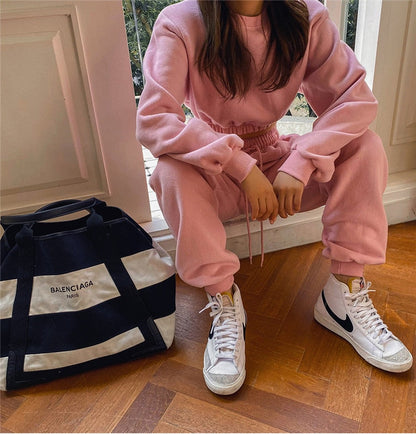xakxx Women Pullover Hoodies Sweatshirts Suit Winter Spring Solid Casual Tracksuit Fleece 2 Pieces Set Sweatpants Quality Outfits