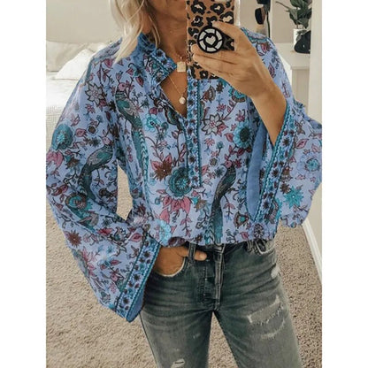 xakxx- Vintage Bird Flower Printed Blouse Women V Neck Button Long Sleeve Tops Autumn Chic Shirts Oversize 5Xl