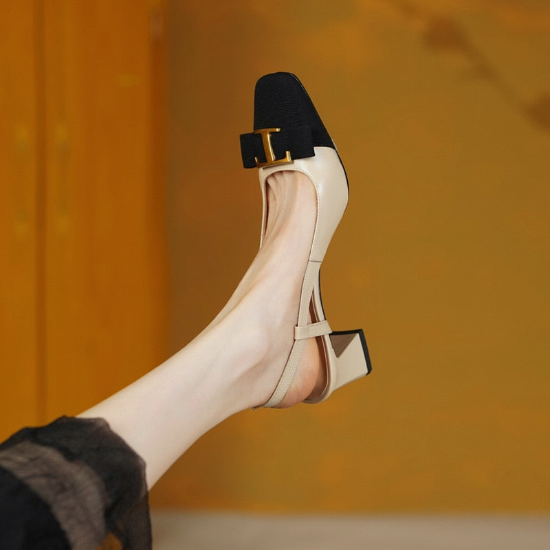 xakxx New Summer Women Sandals Square Head Square Toe Mid Heel Thick Heel Space Color Matching Ladies Shoes Leisure Females Sandals