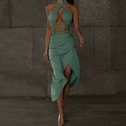 xakxx Elegant Fashion Dress Sets Bandage 2 Piece Set For Women Outfits Hot Backless Halter Matching Sets Club Party