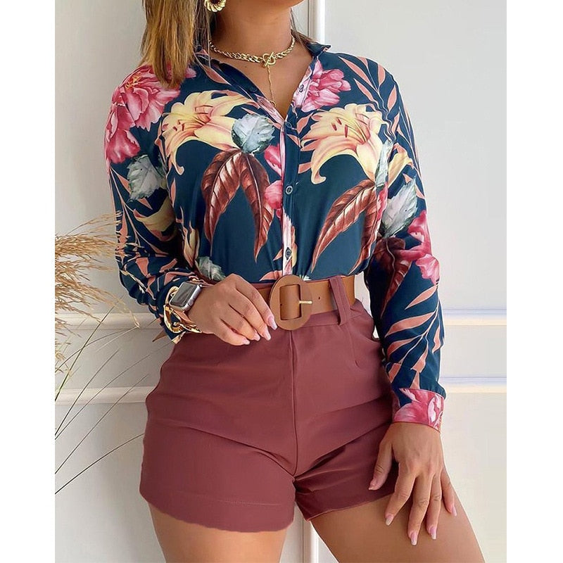 xakxx Women Long Sleeve Floral Printed Tie Knot Top Blouse And Shorts Sets Casual Spring Shirts Female
