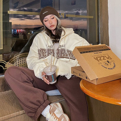 xakxx Vintage Oversized Hoodies Women Letter Printing Zip Up Sweatshirts Streetwear Casual Long Sleeve Hooded Sweatshirt Clothes Top