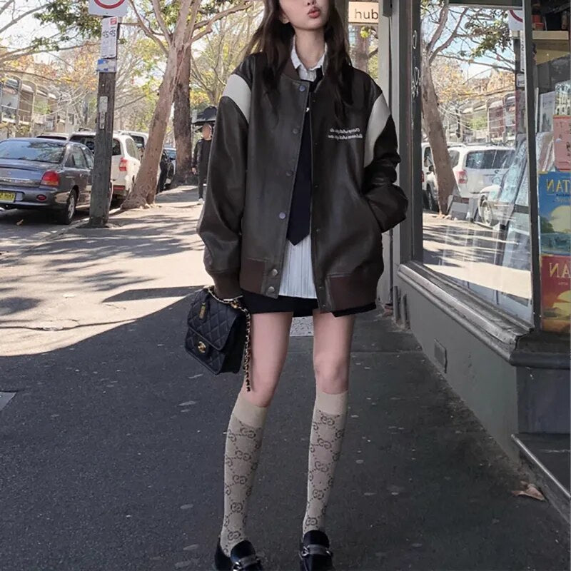 xakxx-Leather Coat Women  Autumn Vintage PU Loose Coffee Baseball Jacket Fashion Black Coat For Women