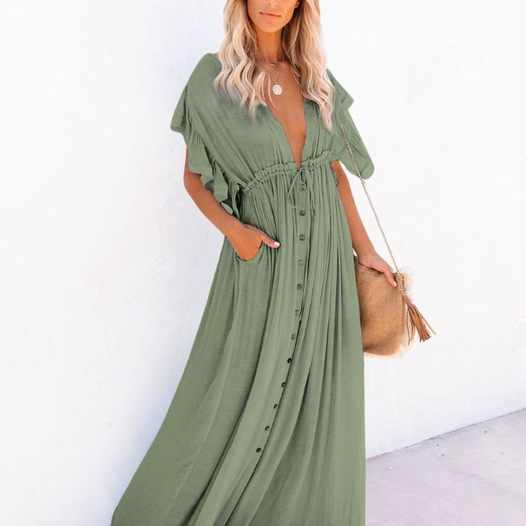 xakxx Women Long Dress Boho Summer Beach Bikini Cover Up Dresses Laides Maxi Casual V-Neck Sundress Vintage Sexy Robe Longue