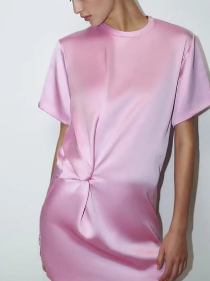 xakxx- NEW WOMEN'S  PLEATED FRONT DECORATIVE BACK SPLIT HITCH DARK ZIP CLOSED SILK SATIN SHORT DRESS