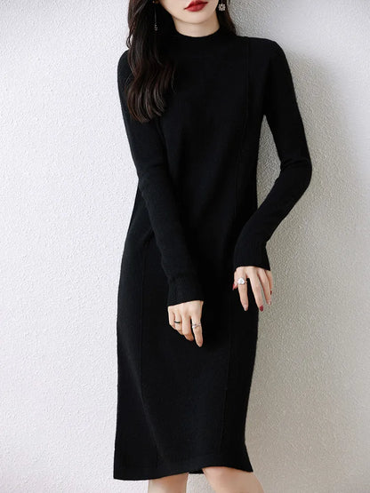 xakxx xakxx-Cashmere sweater women's 100 pure wool long semi-turtle neck skirt autumn and winter loose sweater dress