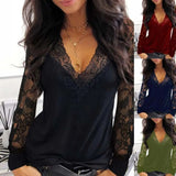 xakxx xakxx- Sexy Lace stitching V-neck perspective long sleeved Women Solid Color Casual style Lady Top T-shirt Spring Autumn Clothes