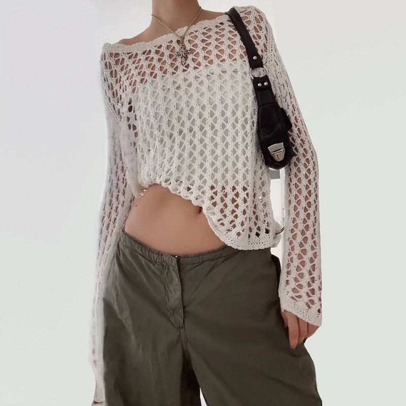 xakxx Vintage Loose Smock Tops Summer Fashion Blouse All-Match Casual Hollow Out Outfits Y2K See-Through Knit Shirts
