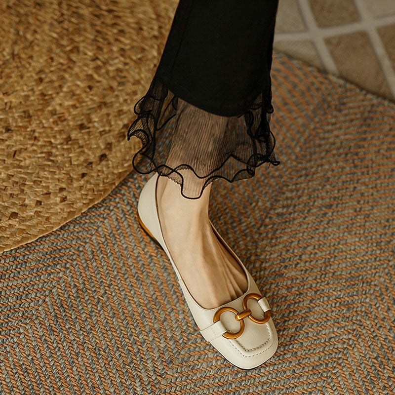 xakxx Ladies Flat Shoes Retro Square Toe Leather Loafers For Women  Spring Casual Flats Elegant Metal Buckle Female Shoes