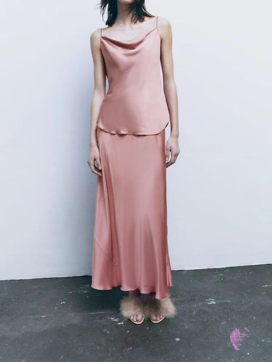 xakxx xakxx -  New Women's Fashion Versatile Silk Slippery Pink Temperament Ruili Sling Top Skirt Set