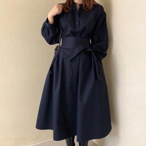 xakxx Elegant Women Stand Bandage Shirt Dress Lantern Sleeve Slim Waist Fashion White Dresses  Autumn New Tide Vestido U1452
