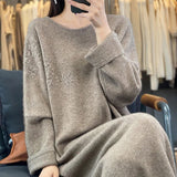 xakxx xakxx-Autumn and winter round neck cashmere dress female loose lazy wind embroidery plus size sweater pure wool knitted dress
