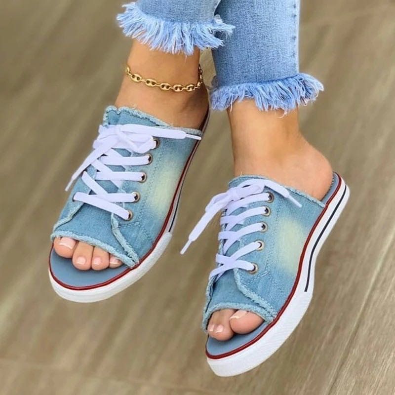 xakxx Women Canvas Flat Slipper Woman Lace Up Ladies Peep Toe New Women's Casual Female Fashion Denim Beach Shoes Plus Size 35-43