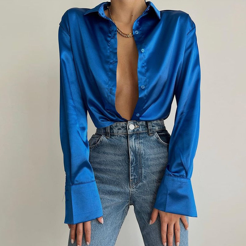 xakxx Satin Long Sleeve Blouses Women  Vintage Blue Green Silk Shirt Women Casual Loose Button Up Down Shirts Elegant Tops 18913