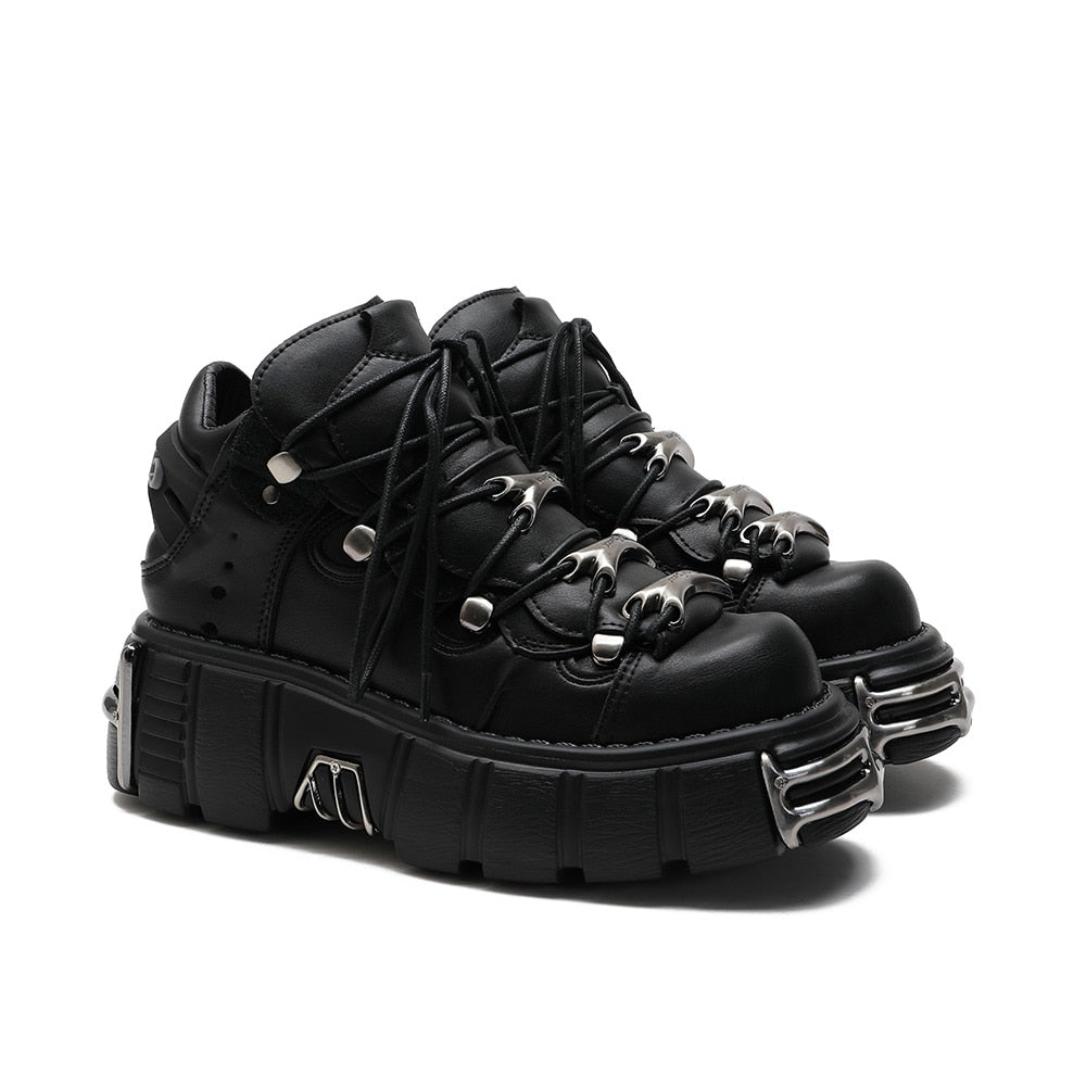 xakxx Halloween Women's Punk Style Leather Shoes Lace-Up Heel Height 6CM Platform Female Gothic Ankle Boots PU Metal Decor Thick Bottom Sneakers