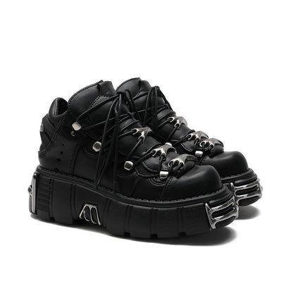 xakxx Halloween Women's Punk Style Leather Shoes Lace-Up Heel Height 6CM Platform Female Gothic Ankle Boots PU Metal Decor Thick Bottom Sneakers