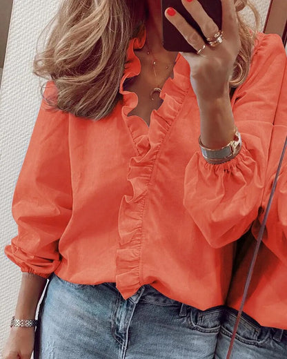 xakxx- Fashion Pineapple Print Shirt Women's Ruffled Collar Long Sleeve Top Young Girl Solid Color Casual Blouse 5Xl