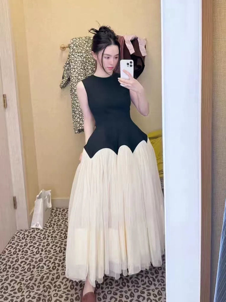 xakxx Women Vintage Pleated Vest Dress Contrast Color Sleeveless Mesh Spliced Party Dresses Female  Summer New Robe 16Y7498