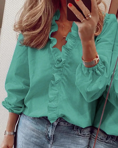 xakxx- Fashion Pineapple Print Shirt Women's Ruffled Collar Long Sleeve Top Young Girl Solid Color Casual Blouse 5Xl