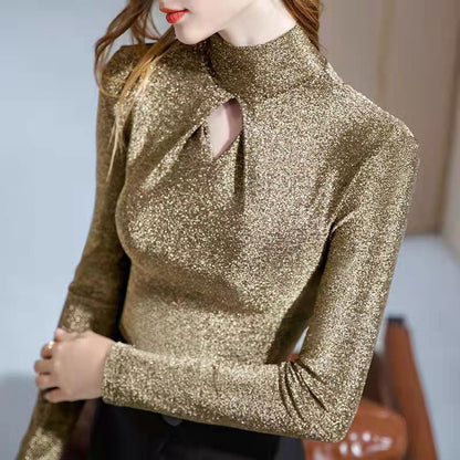 xakxx Black Fridy Golden Hollow Out Women's Blouse Fashion Slim Fit Turtleneck Bottom Blouses Female Elegant Long Sleeve Shirts Tops