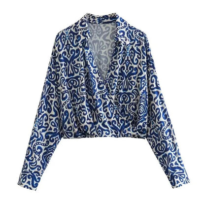 xakxx - New femininity casual long-sleeved short shirt double-breasted V-neck back elastic waist print short shirt leg pants