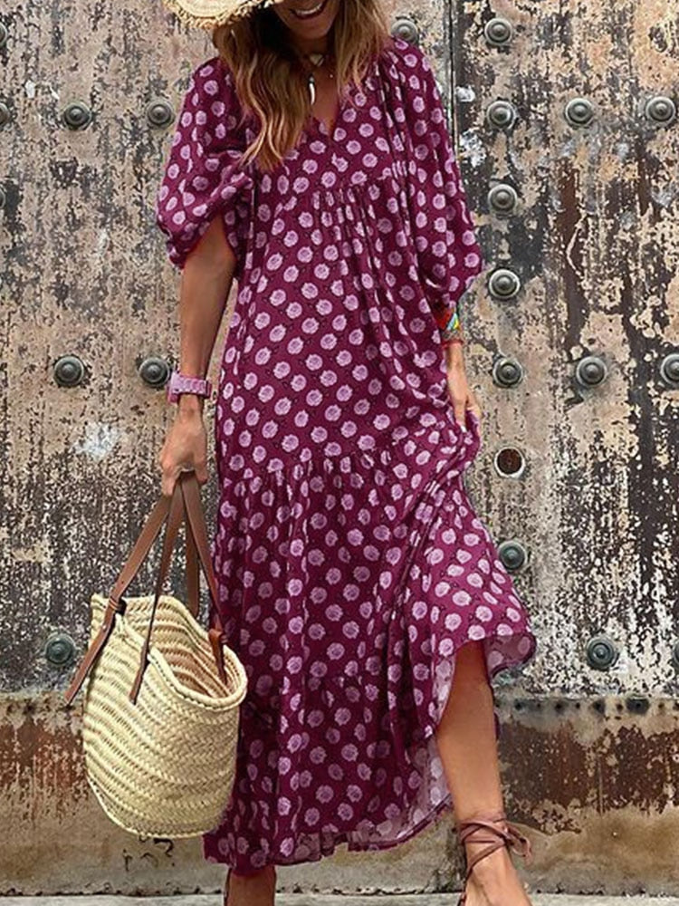 xakxx Boho Maxi Dress Women Floral Print Summer Holiday Beach Dress Female Short Puff Sleeve Loose Sundress Green Vestidos Mujer