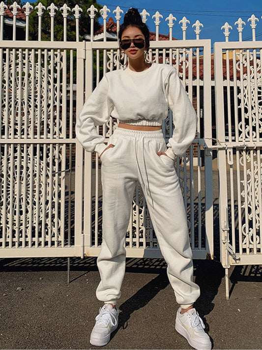 xakxx Women Pullover Hoodies Sweatshirts Suit Winter Spring Solid Casual Tracksuit Fleece 2 Pieces Set Sweatpants Quality Outfits