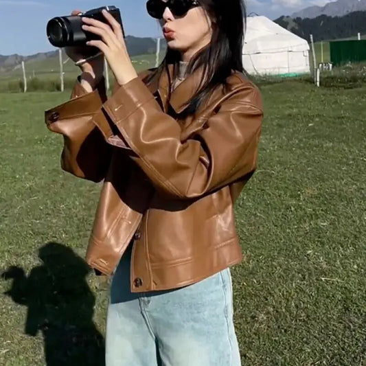 xakxx-Leather Coat Women  Autumn Vintage PU Loose Short Brown Motorcycle Jacket Fashion Gray Leather Coat For Women