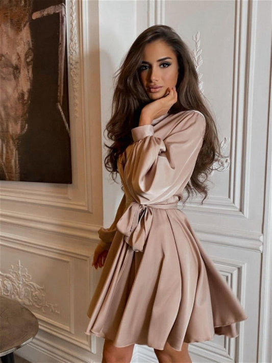 xakxx Sexy Satin Sashes A Line Mini Dress Lantern Sleeve Elegant Party Dress  Spring Fashion Women's Clothing Streetwear Vestidos