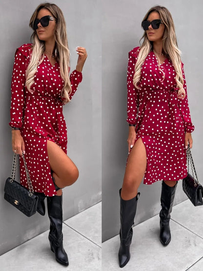 xakxx- Sexy Black Shirt Dress Women One Piece Deep V Neck Long Sleeve Mini Blouse Split Skirt Dresses Autumn