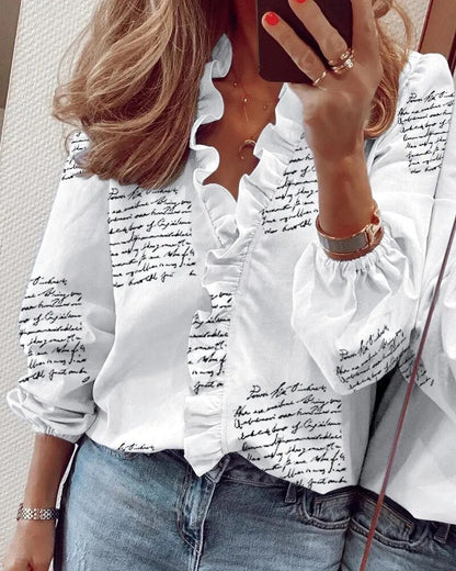 xakxx- Fashion Pineapple Print Shirt Women's Ruffled Collar Long Sleeve Top Young Girl Solid Color Casual Blouse 5Xl