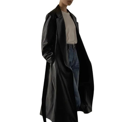 xakxx Woman Trench Coat Winter Female Clothing Belted Mid-Length Solid Color Loose Leather Jacket Coat