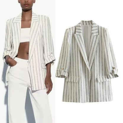 xakxx - New Women's Clothes  Casual Elegant Sexy Temperament Fashion Stripe Rollable Sleeve Casual Suit Jacket