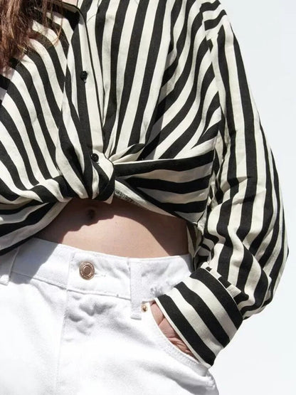 xakxx xakxx - New women's long-sleeved lapel V-neckline Front design with knot decoration Front breasted closure Linen blend stripe shirt