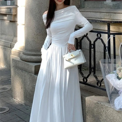 xakxx French Women Off Shoulder Midi Dress  Casual Female A-line One Pieces  Fashion Vintage Long Sleeve Lady Solid Casual Clothes