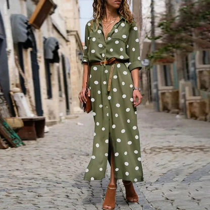 xakxx- Classic Polka Dot Dress Women Polo Neck Long Sleeve Buttons Dresses Office Lady Casual Dot H Feminino Vestidos Robes