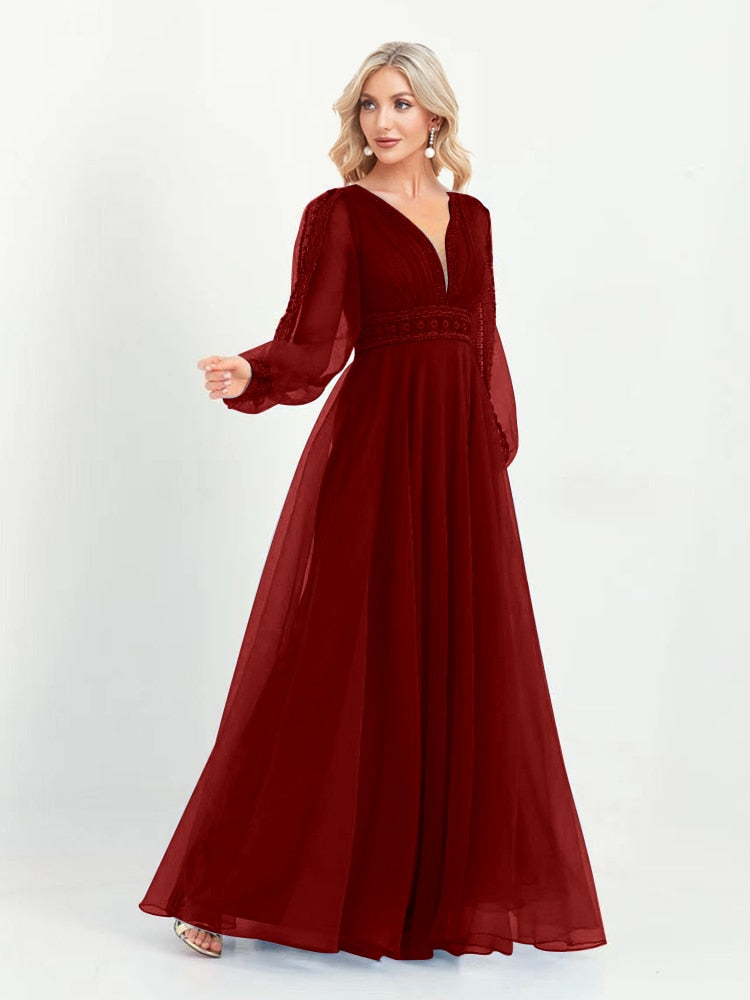 xakxx Elegant Evening Dresses V-Neck Long Sleeve Floor-Length Gown  Women Chiffon A-line Prom Formal  Dress