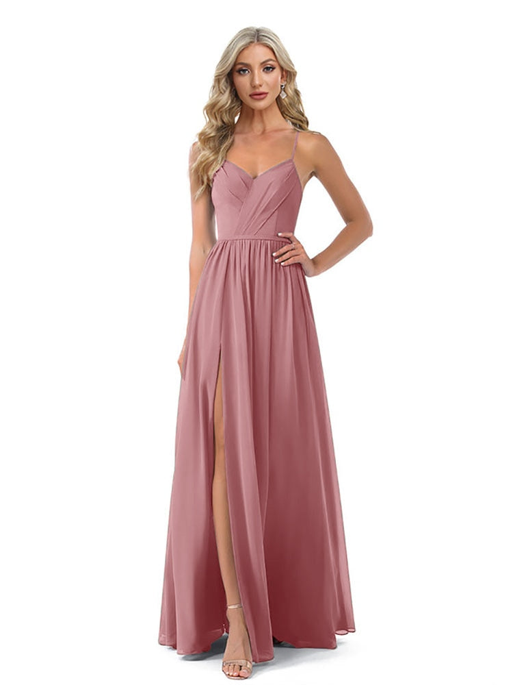 xakxx Long Evening Dress Chiffon Bridesmaid Dresses Women A-line V-Neck Dress Spaghetti Strap Formal Wedding Prom Party